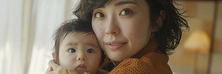 Young Japanese mother embracing her baby tenderly, both looking towards the camera with soft, natural lighting and a neutral background.の素材