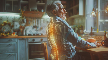 Digital composite of highlighted spine of senior man with back pain at home. Copy space.の素材