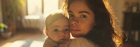 Young Latin American mother embracing her baby tenderly, both looking towards the camera with soft, natural lighting and a neutral background.の素材