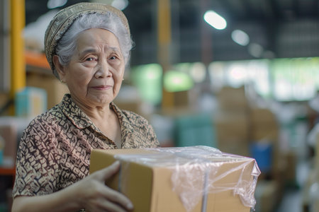 Asian elderly older female mature woman fashion designer, business owner with product package box at warehouse, merchant seller checking customer address order confirming parcel deliveryの素材