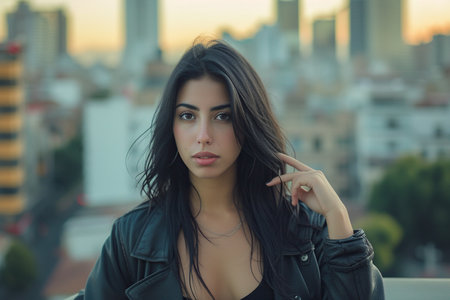 Beautiful Latin American woman on the city backgroundの素材