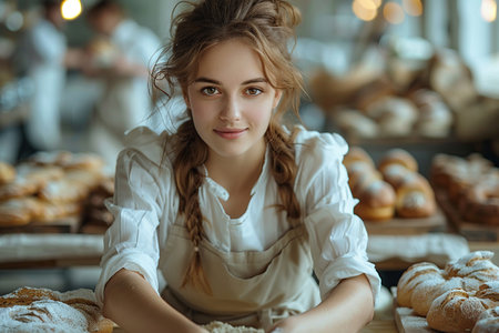 Bakery woman, wearing white apron, working in her bakeryの素材