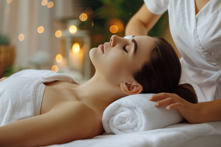 Beautiful woman Lays on the coach for beauty procedures with closed eyes wearing white robe, another hands are putting cosmetologically mask on faceの素材