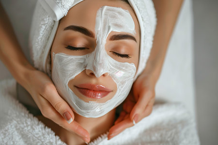 Beautiful woman Lays on the coach for beauty procedures with closed eyes wearing white robe, another hands are putting cosmetologically mask on faceの素材