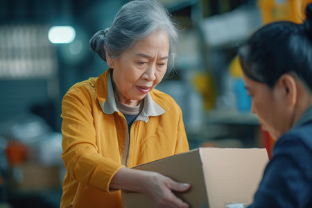 Asian elderly older female mature woman fashion designer, business owner with product package box at warehouse, merchant seller checking customer address order confirming parcel deliveryの素材