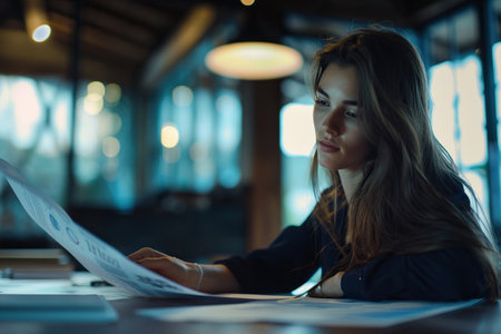 Businesswoman analyzing financial reports and making informed decisions to drive business growthの素材
