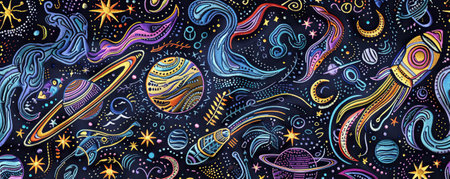 Embroidery universe, spaceship, satellite, space station, galaxy, nebula, planet, moon, star, comet seamless pattern. Rocket, planet solar systemの素材