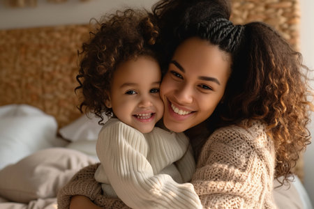 African American woman and her little daughter hugging in bedroomの素材