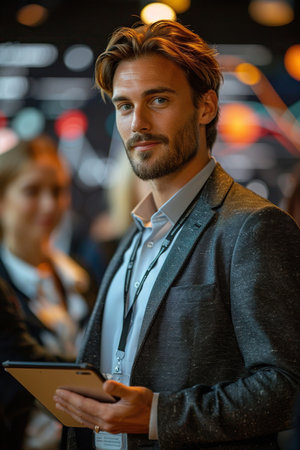 young business corporate team in formal suit standing and holding tablet and smiling and talking to brainstorm in a modern white office against backdropの素材