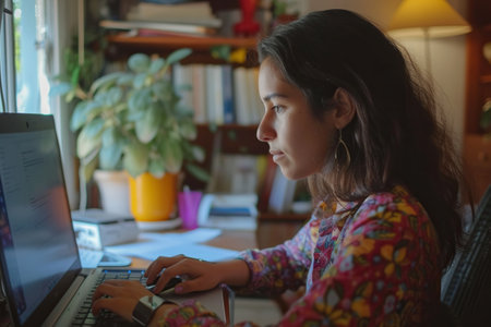 Hispanic woman, typing in home office and laptop for research in remote work, social media or blog in apartment. Freelance girl at desk with computer writing email, website post and online chat in houseの素材
