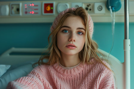 Scared teenage patient, waiting for test results. Anxiety, worry and loneliness of teenager in hospital. Emotional support for ill young womanの素材