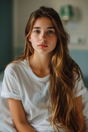 Scared teenage patient, waiting for test results. Anxiety, worry and loneliness of teenager in hospital. Emotional support for ill young womanの素材