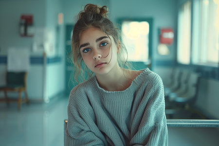 Scared teenage patient, waiting for test results. Anxiety, worry and loneliness of teenager in hospital. Emotional support for ill young womanの素材