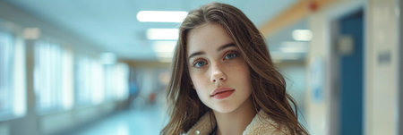 Teenage girl waiting in hospital corridor, listening music. Adolescent patient coming to hospital for examinationの素材