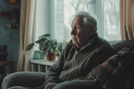 Sad elder man at homeの素材