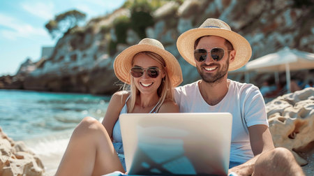 Woman and man working on laptop or workcations with smiles at the beach, seasideの素材