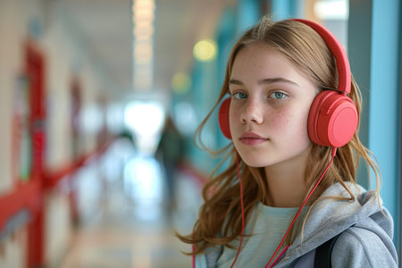 Teenage girl waiting in hospital corridor, listening music. Adolescent patient coming to hospital for examinationの素材