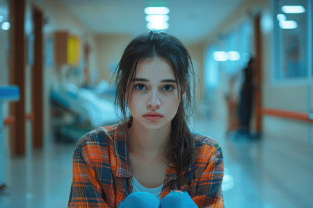 Scared teenage patient, waiting for test results. Anxiety, worry and loneliness of teenager in hospital. Emotional support for ill young womanの素材