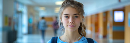 Teenage girl waiting in hospital corridor, listening music. Adolescent patient coming to hospital for examinationの素材