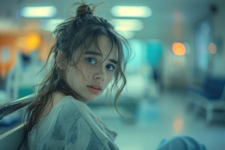 Scared teenage patient, waiting for test results. Anxiety, worry and loneliness of teenager in hospital. Emotional support for ill young womanの素材