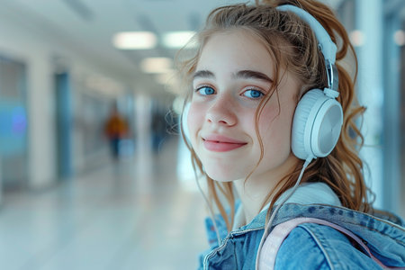Teenage girl waiting in hospital corridor, listening music. Adolescent patient coming to hospital for examinationの素材