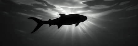 Silhouetted fish in calm water with front shadow and top right light.の素材