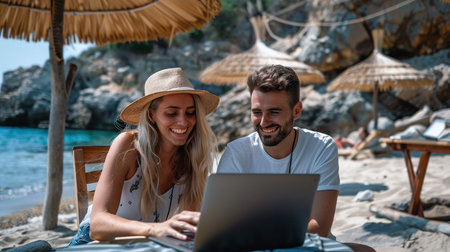 Woman and man working on laptop or workcations with smiles at the beach, seasideの素材