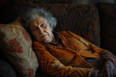 Sad elder woman on the sofaの素材