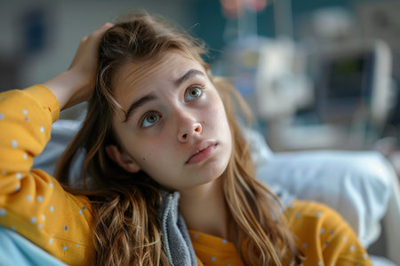 Scared teenage patient, waiting for test results. Anxiety, worry and loneliness of teenager in hospital. Emotional support for ill young womanの素材