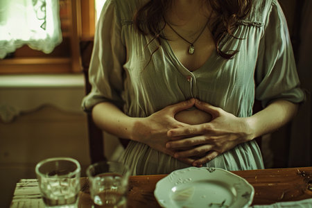 A close-up image of a woman with a stomachache sitting on kitchenの素材