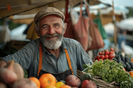 Portrait of a Man Managing a Street Vendor Food Stand with Fresh Natural Agricultural Products. Happy Old Handsome Farmer with Gray Hair and Beard is Looking at Camera and Charmingly Smilingの素材