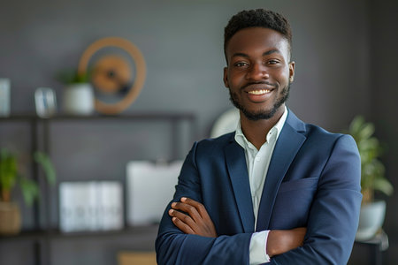 Portrait of a Confident Young African American Businessman Standing in Office in a Blue Business Suit. Successful Corporate Manager Posing for Camera with Crossed Arms, Smiling Cheerfullyの素材