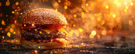 Close up of tasty cheeseburger in front of the grill, macro shot, bright gold bokeh glitter backgroundの素材
