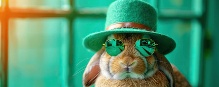 Cute rabbit wearing a St Patricks Day hat and sunglasses. St Patricks day sale or party banner.の素材