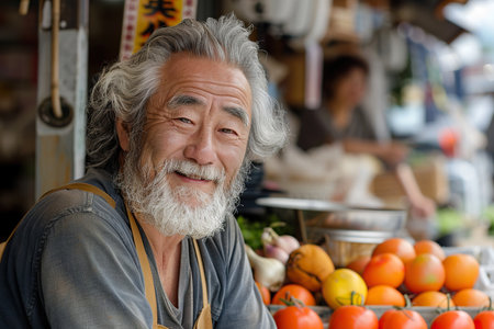 Portrait of a Japanese Man Managing a Street Vendor Food Stand with Fresh Natural Agricultural Products. Happy Old Handsome Farmer with Gray Hair and Beard is Looking at Camera and Charmingly Smilingの素材