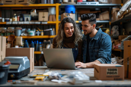 Diverse e-Commerce Business Partners Working in Garage And Talking. Hispanic Female Assistant Filling Online Orders On Laptop. Two Caucasian Friends Packing Products In Boxes For Delivery To Customersの素材