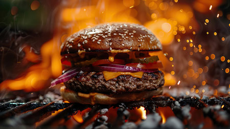 Close up of tasty cheeseburger in front of the grill, macro shot, bright gold bokeh glitter backgroundの素材