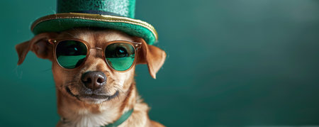 Cute Dog wearing a St Patrick's Day hat and sunglasses. St Patrick's day sale or party bannerの素材