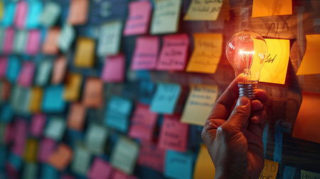 hand holding glowing light bulb. sticky note at brainstorming board at background.の素材
