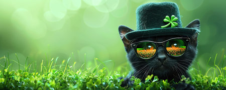Cute black cat wearing a St Patricks Day hat and sunglasses. St Patricks day sale or party banner.の素材