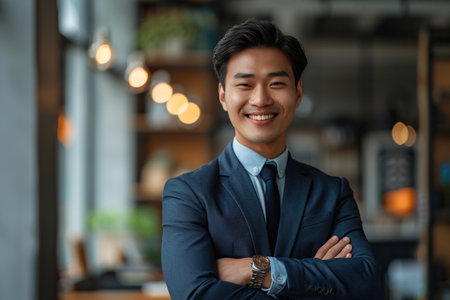 Portrait of a Confident Young Japanese Businessman Standing in Office in a Blue Business Suit. Successful Corporate Manager Posing for Camera with Crossed Arms, Smiling Cheerfullyの素材
