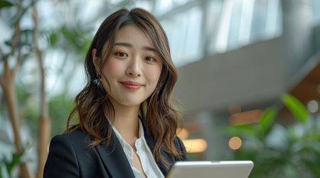 Portrait of a Young Empowered Japanese Female Business Manager Working on a Tablet Computer in a Modern Office Building. Confident Asian Specialist Looking Up Documents Online And Smiling In the Hallの素材