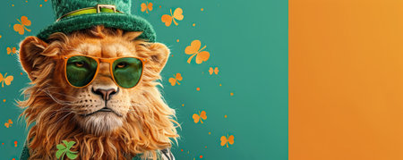 Cute lion wearing a St Patrick's Day hat and sunglasses. St Patrick's day sale or party bannerの素材