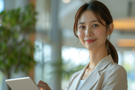Portrait of a Young Empowered Japanese Female Business Manager Working on a Tablet Computer in a Modern Office Building. Confident Asian Specialist Looking Up Documents Online And Smiling In the Hallの素材