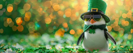 Cute penguin wearing a St Patricks Day hat and sunglasses. St Patricks day sale or party banner.の素材