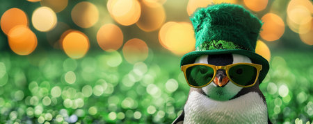 Cute penguin wearing a St Patricks Day hat and sunglasses. St Patricks day sale or party banner.の素材