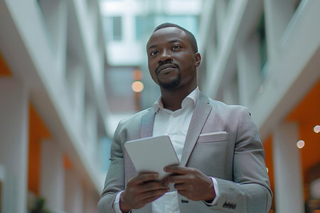Portrait of a Young Empowered Black male Business Manager Working on a Tablet Computer in a Modern Office Building. Confident African Specialist Looking Up Documents Online And Smiling In the Hallの素材