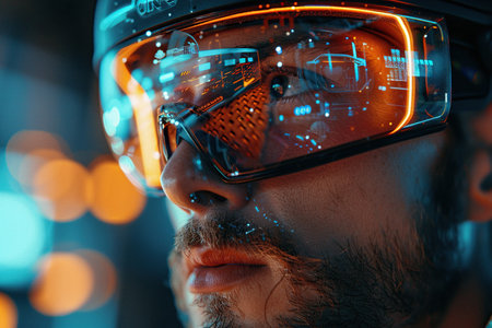 Closeup Portrait Of Caucasian man Wearing Augmented Reality Glasses And Surfing Multimedia all in one Entertainment, TV, Videos, Video Game Playing, Online Shopping. AR Interface Visualization.の素材