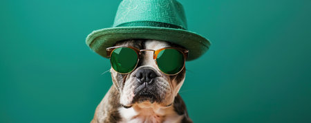 Cute Dog wearing a St Patrick's Day hat and sunglasses. St Patrick's day sale or party bannerの素材