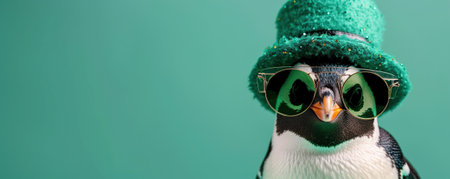 Cute penguin wearing a St Patricks Day hat and sunglasses. St Patricks day sale or party banner.の素材